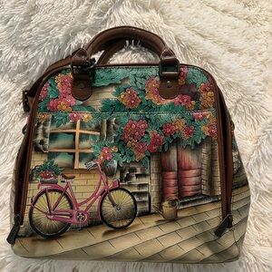 Brown Floral Satchel with Pink Bicycle Illustration by Anna Anuschka